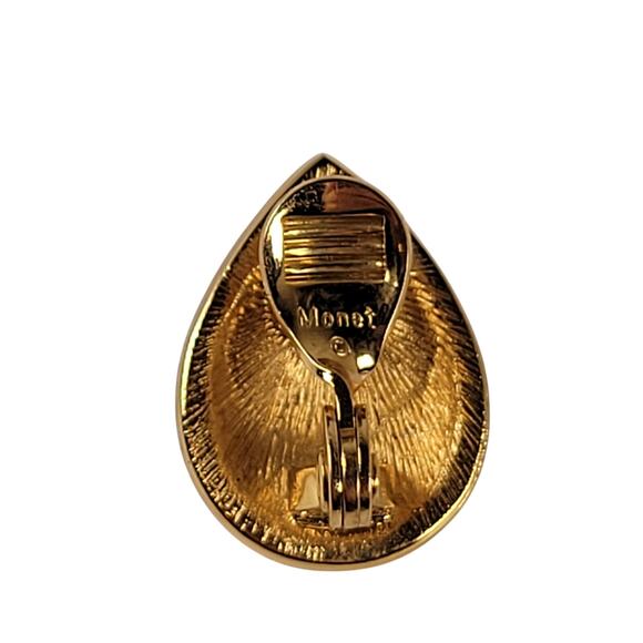 Vintage Monet Gold Tone Clip-On Earrings Blue Enamel Faux Pearl Teardrop - Picture 7 of 7